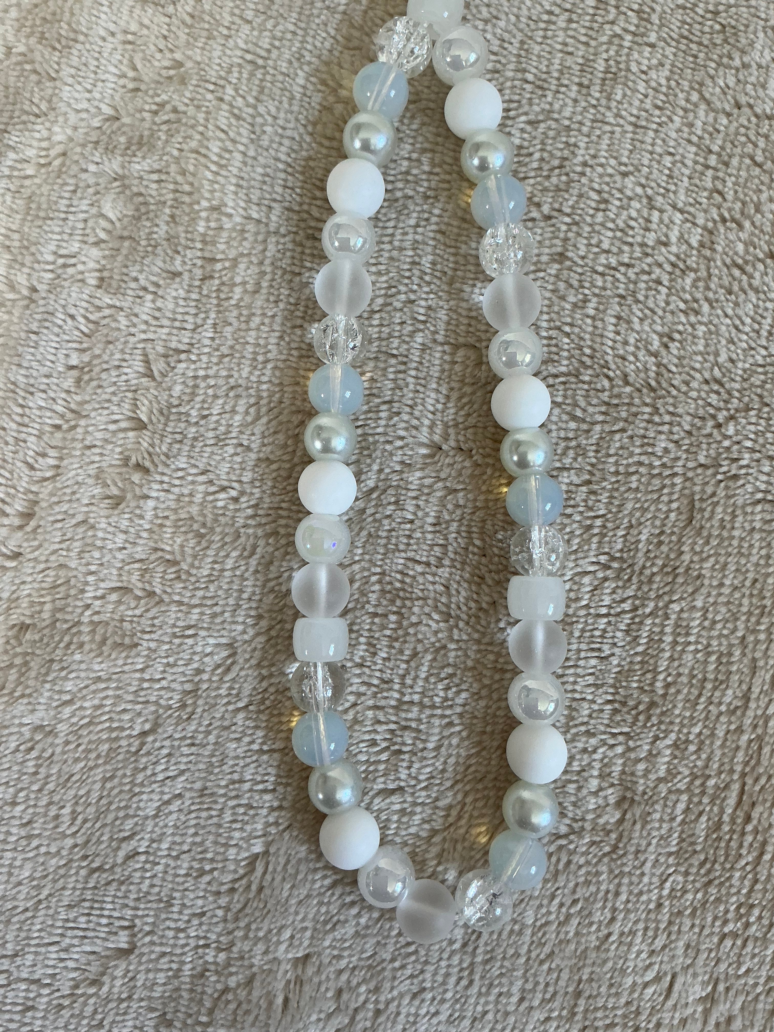 Frosted White & Crystal Beaded Phone Charm