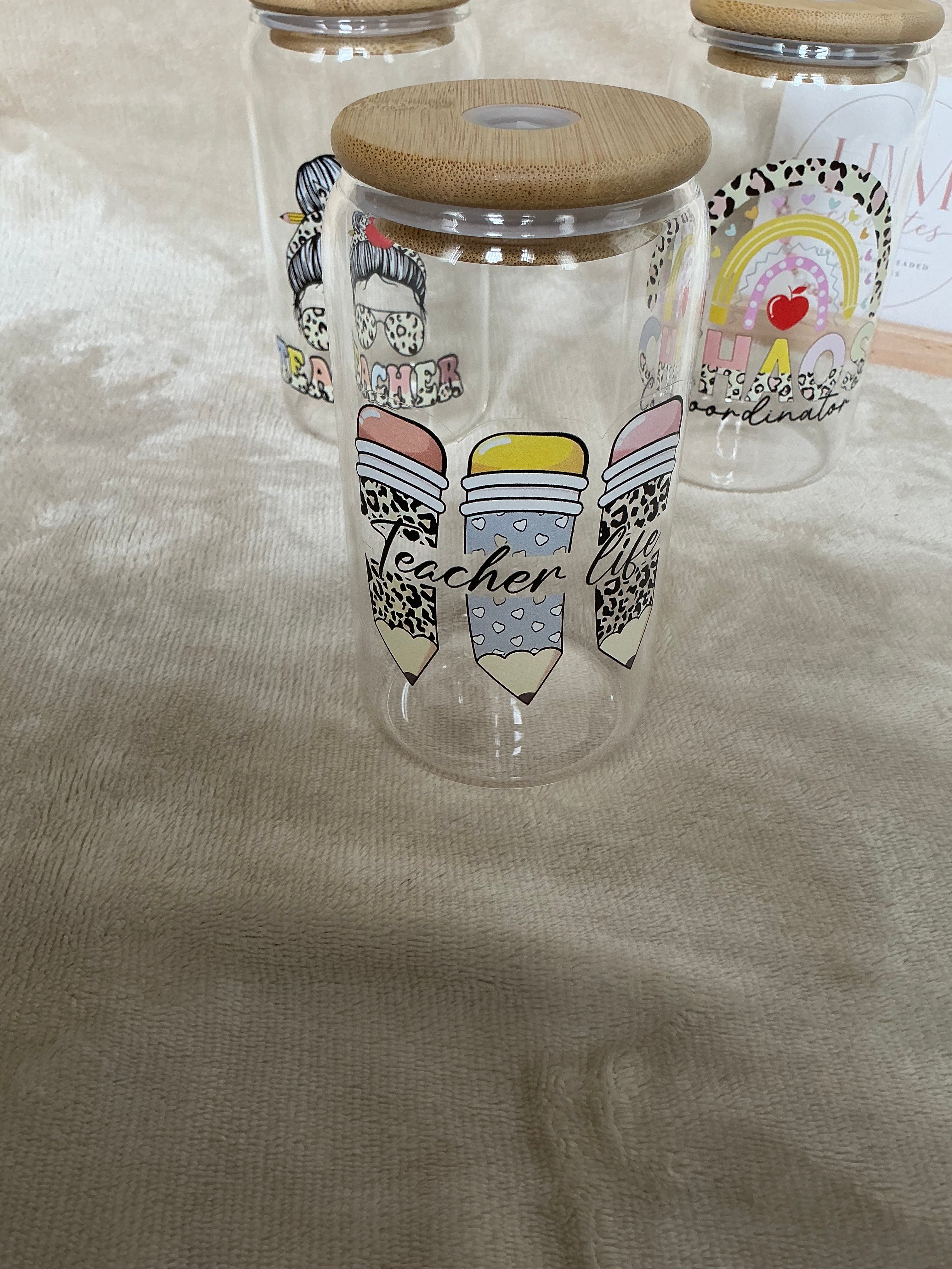 Teacher Themed Glass Cup Collection with Bamboo Lids