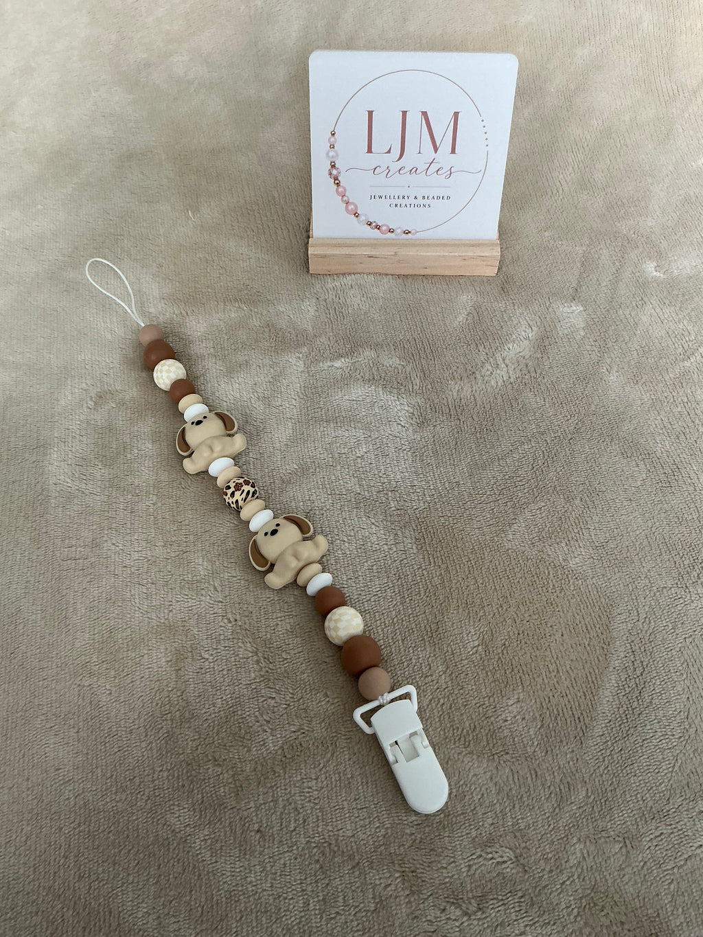 Puppy Love Dummy Clip | Handmade Neutral Dog Pacifier Holder