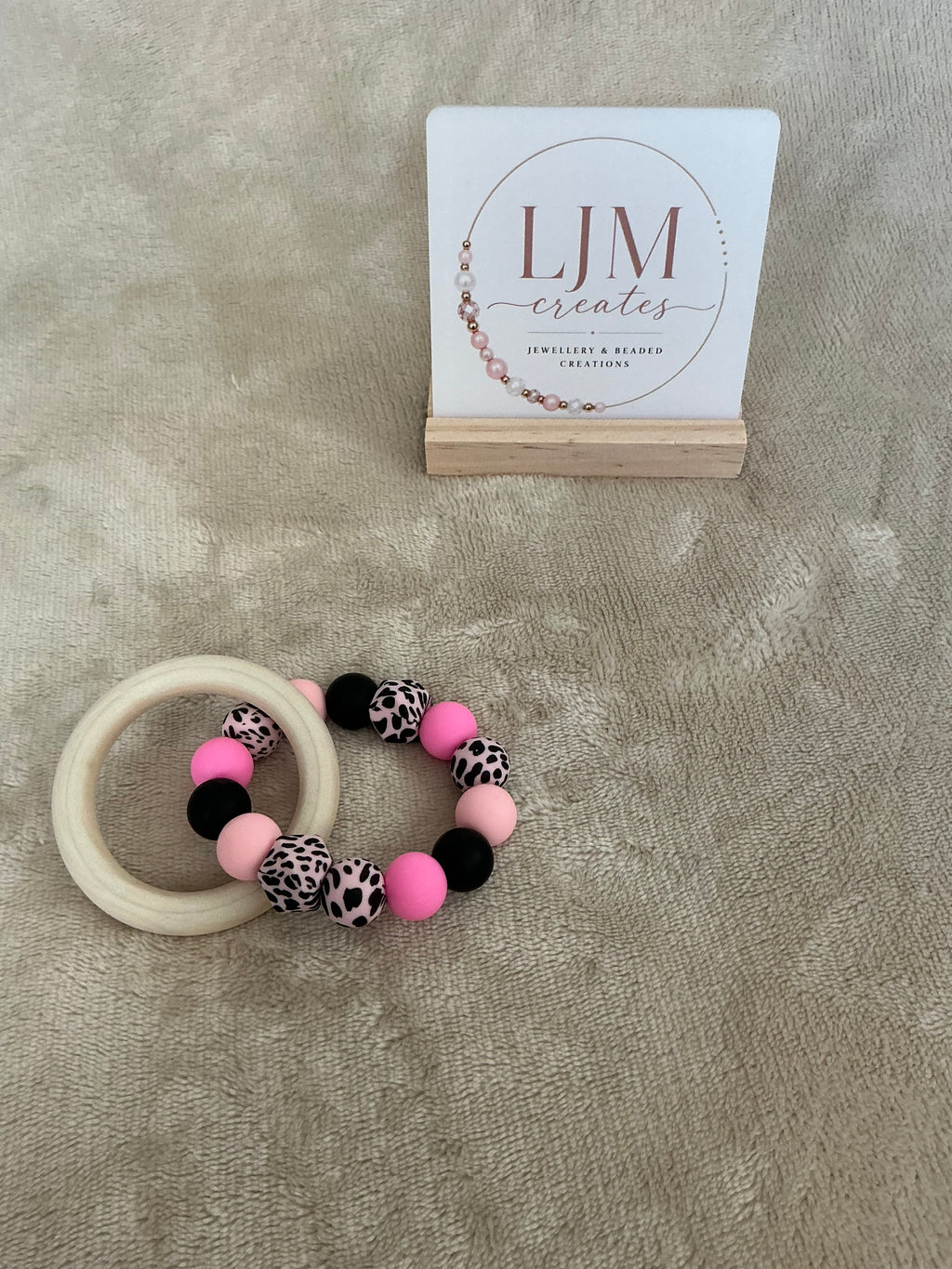Pink Leopard Teething Ring | Silicone & Wooden Baby Teether