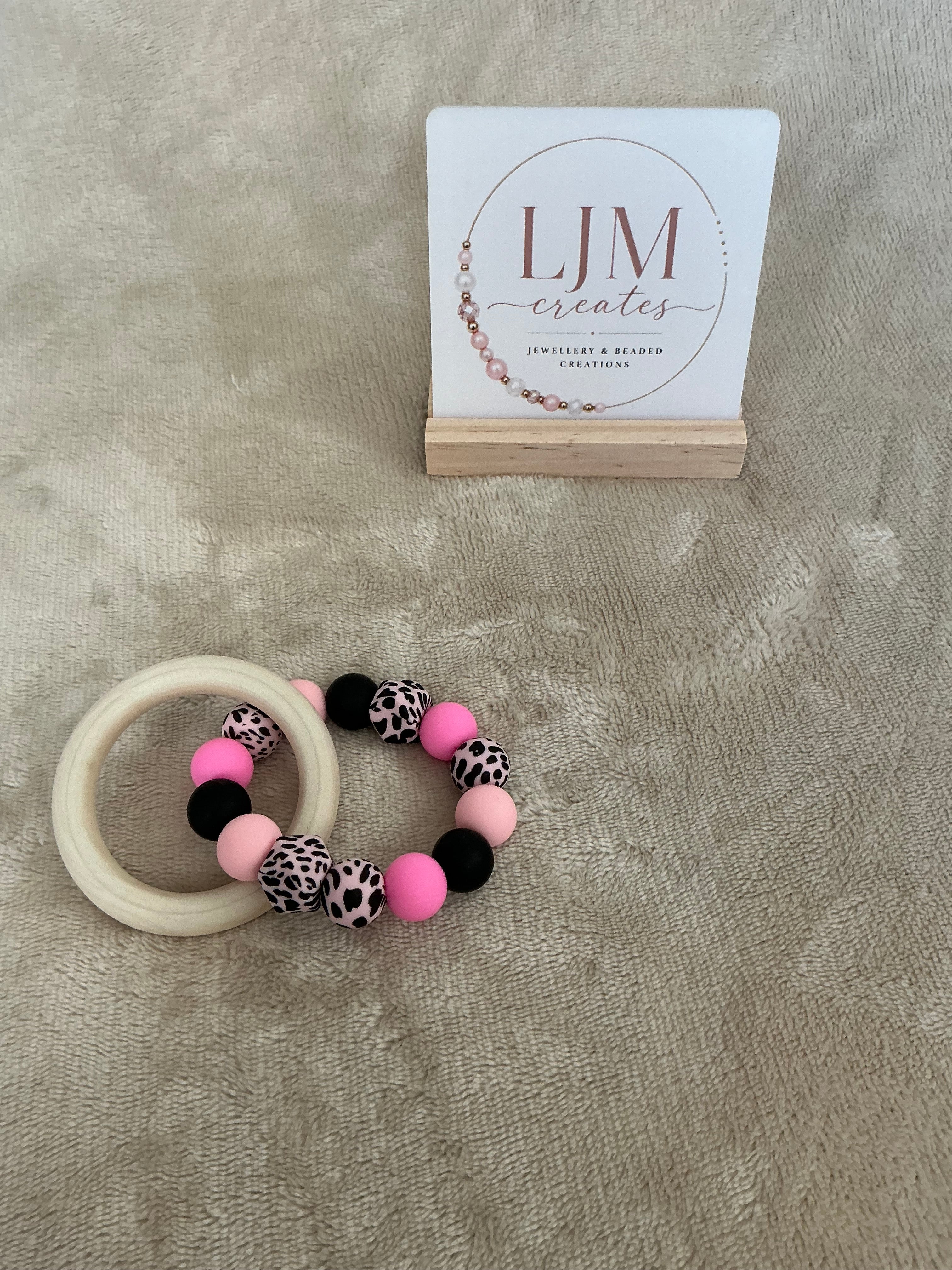 Pink Leopard Teething Ring | Silicone & Wooden Baby Teether