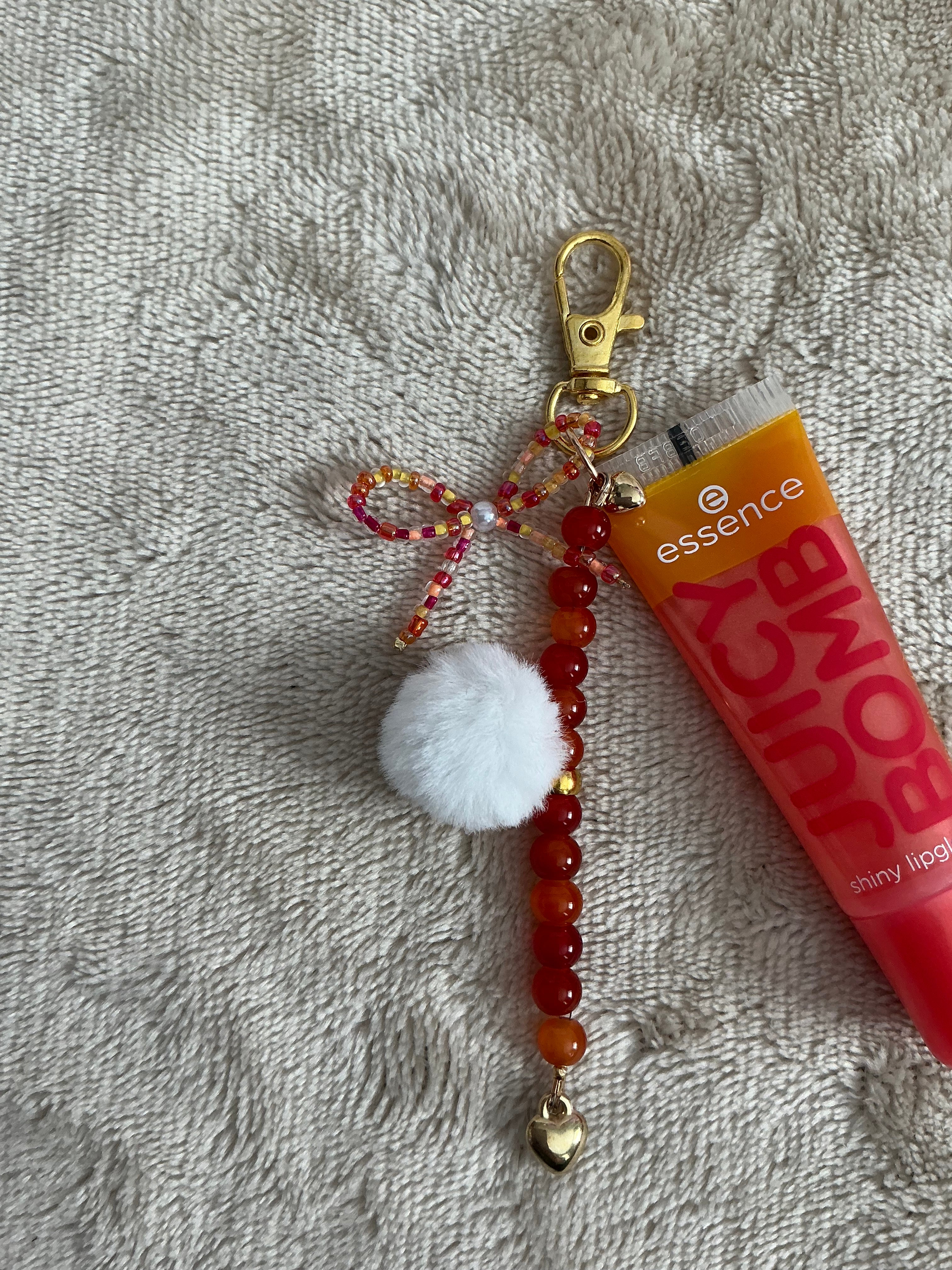 Orange‑Red Heart Beaded Lip Gloss Keychain Charm