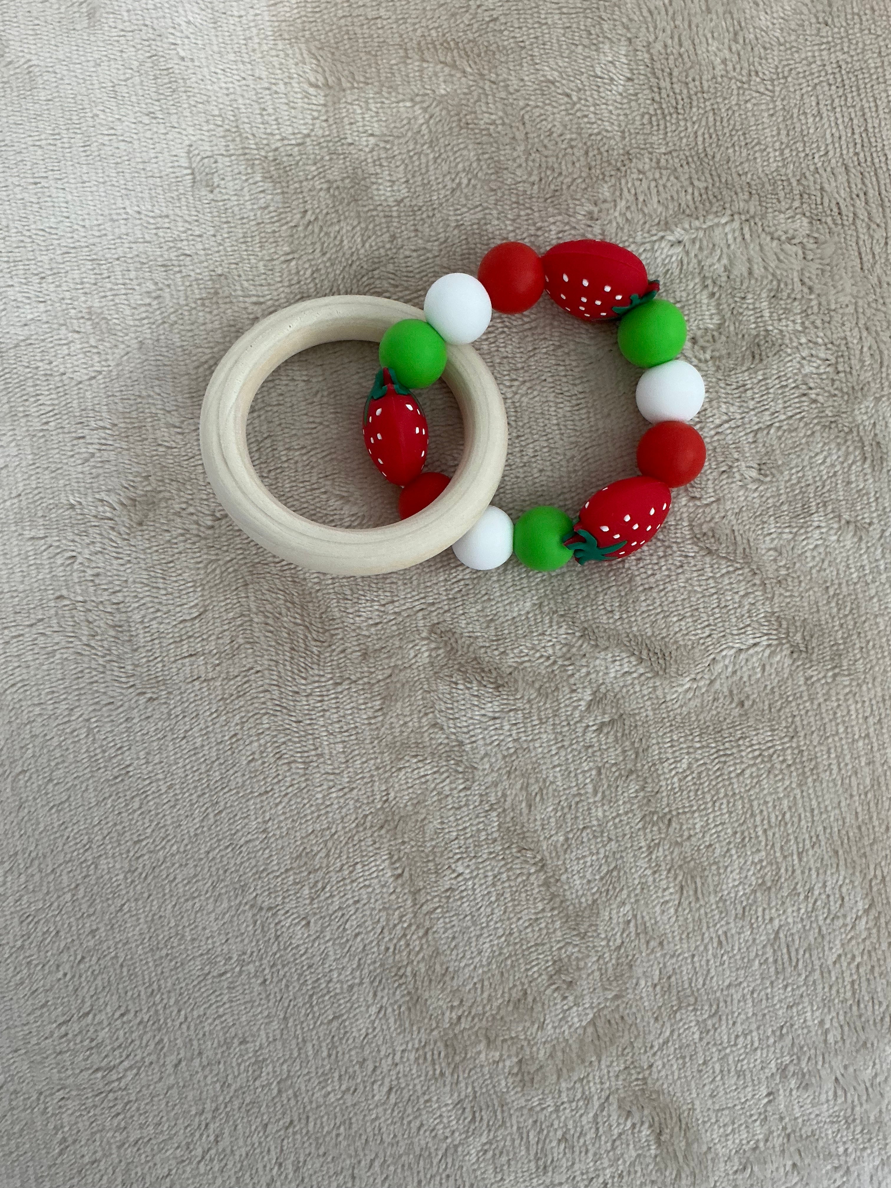 Strawberry Bliss Teething Ring | Silicone & Wooden Baby Teether