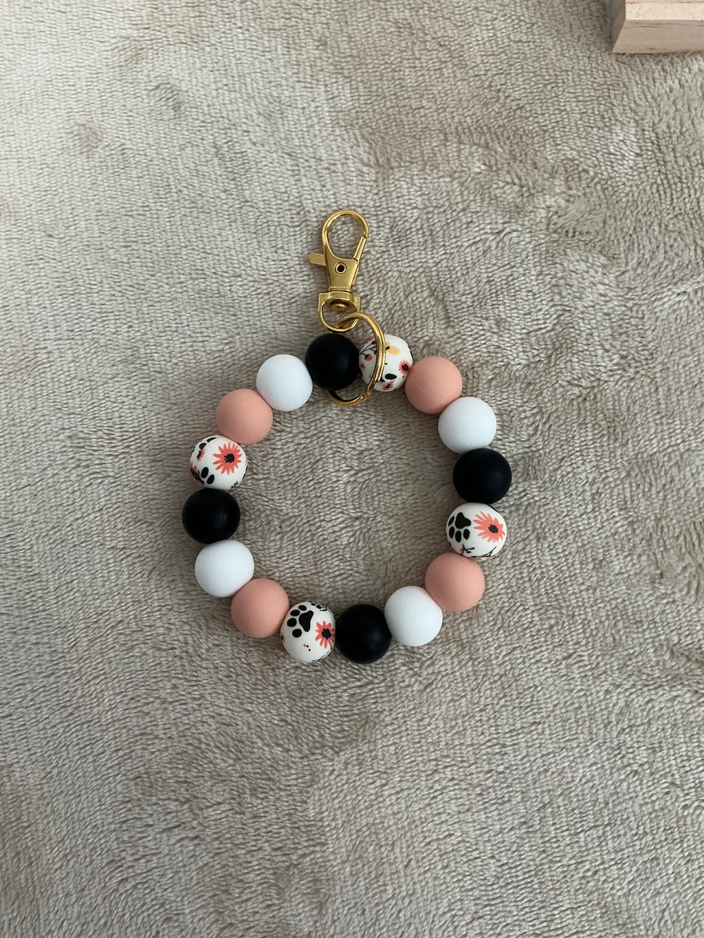 Blush Floral Silicone Wristlet Keychain | Handmade Beaded Keyring
